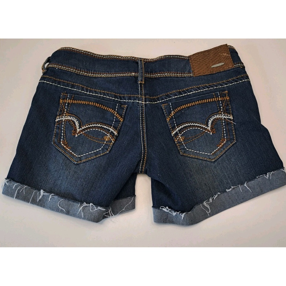 Dollhouse Denim Shorts Womens Junior 7‎ Low Rise Cut Off Cuffed Embroidered Blue